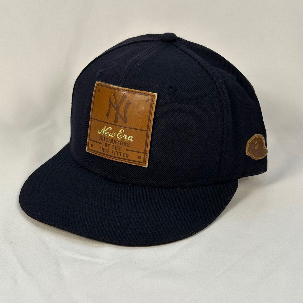 NY Yankees Leather Patch New Era 59FIFTY Fitted Hat Mens 7 1/4 Black Wool